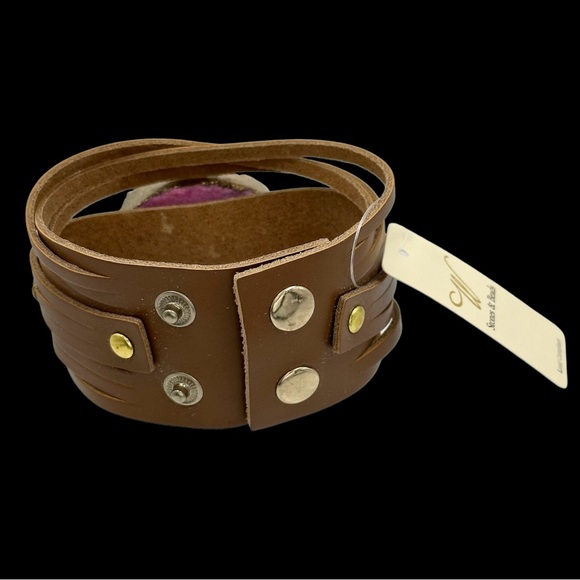 Raw Pink Druzy Crystal Genuine Stone Brown Leather Strap Bracelet - Picture 2 of 4